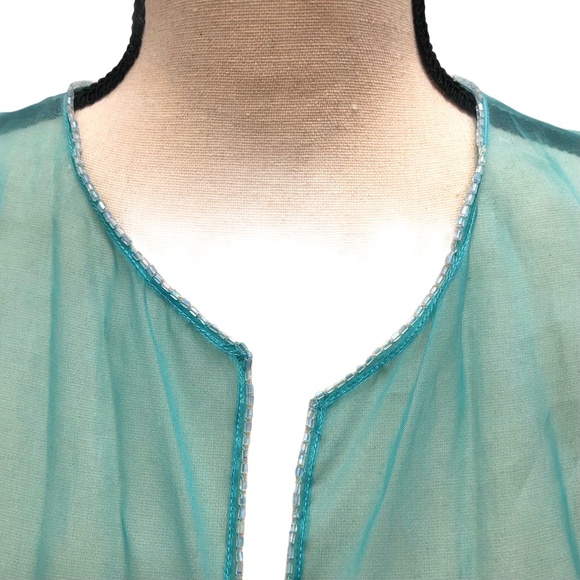 SHAMASK BEADED TURQUIOSE BLUE SILK ORGANZA OPEN JACKET - Picture 7 of 13